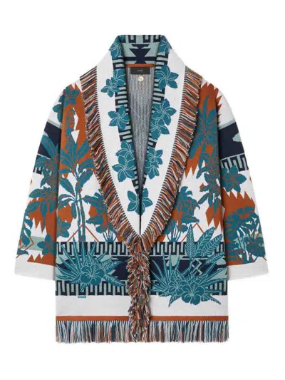 Alanui Long Floral Cardigan With Fringe Shawl Collar In Multi