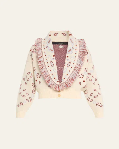 Alanui Jacquard Bandana Fringe Wool Cashmere Bomber Cardigan, White In Chalk - Ma