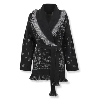Alanui Bandana Jacquard Cashmere Cardigan With Fringed Edges In Black