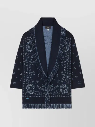 Alanui Jacquard Bandana Shawl Collar Fringe Cardigan In Blue