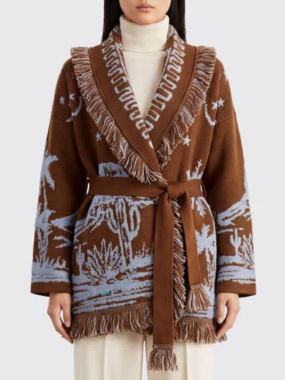 Alanui Jacquard Cashmere And Wool Cardigan With Fringes And Belt In Brown