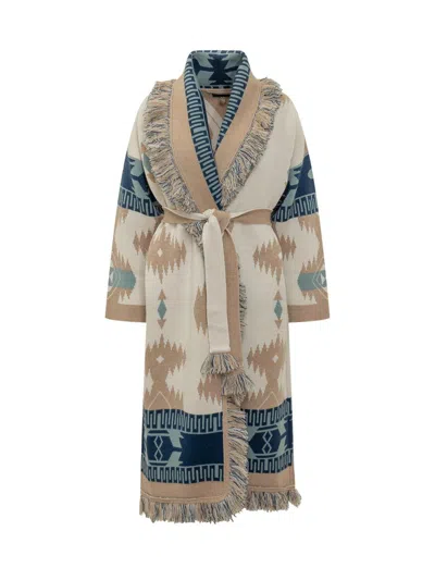 Alanui Jacquard Coat With Fringes In Brown
