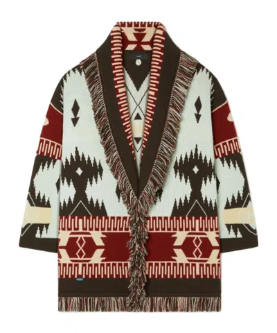 Alanui Jacquard Fringed Belted Cardigan In Multi