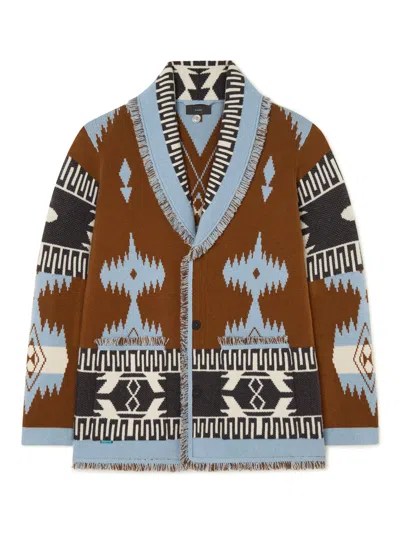 Alanui Jacquard Knit Cardigan With Shawl Collar And Fringed Edges In Brown