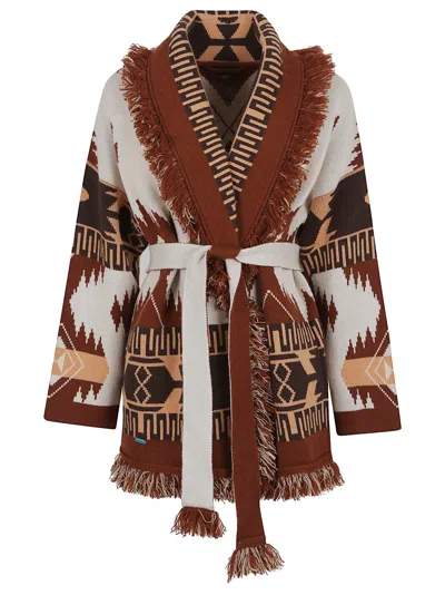 Alanui Icon Jacquard Cardigan In Rich Brown Cashmere In Beige