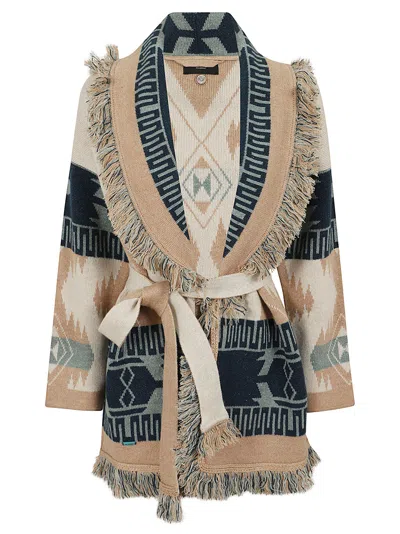Alanui Jacquard Pattern Cardigan With Shawl Collar And Fringed Detail In Beige