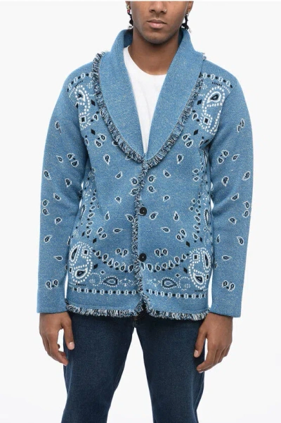 Alanui Jaquard Bandana Motif Cardigan With Fringed Detailing In Blue