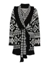 Alanui Belted Fringed Wool-blend Jacquard Cardigan In Black