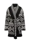 Alanui Belted Fringed Wool-blend Jacquard Cardigan In Black-white