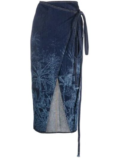 Alanui Jungle Toile De Jouy Denim Skirt In Blue