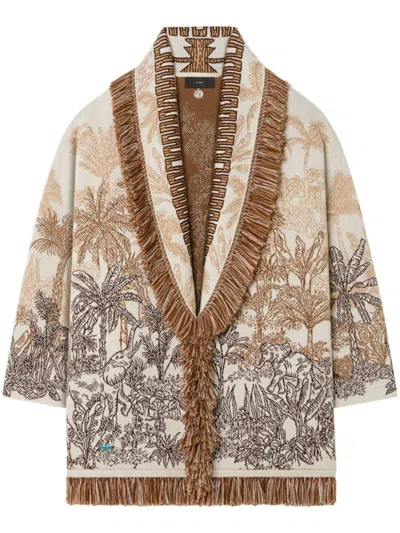 Alanui Jungle Toile De Jouy Wool Blend Cardigan In Beige E Marrone