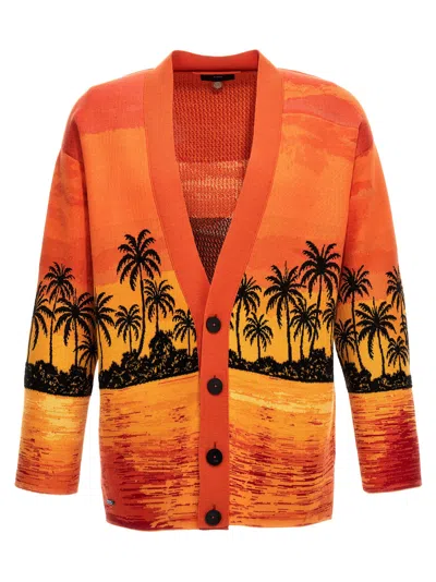 Alanui Kerala Sunset Drop Shoulder Intarsia Knit Cardigan In Orange