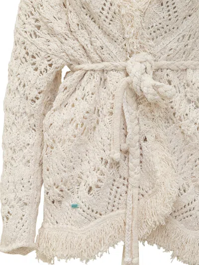 Alanui Knit Cardigan With Belt And Intricate Details In Naturale