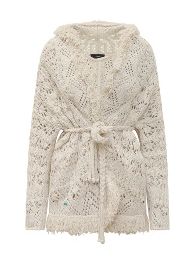 Alanui Knit Cardigan With Belt And Intricate Details In Naturale