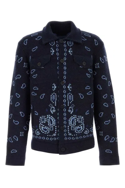 Alanui Navy Blue Embroidered Wool Cardigan In Printed