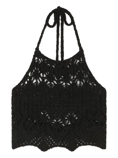 Alanui Lagoon Romance Crochet Halterneck Top In Black