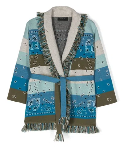 Alanui Kids' Light Blue And Multicolor Striped Bandana Cardigan In Multicolour