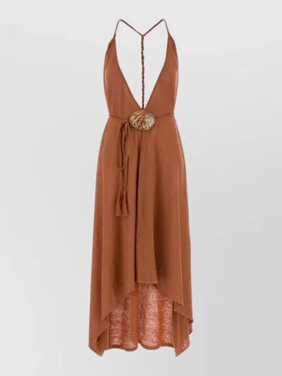 Alanui Linen Dress Deep V-neck Open Back In Brown