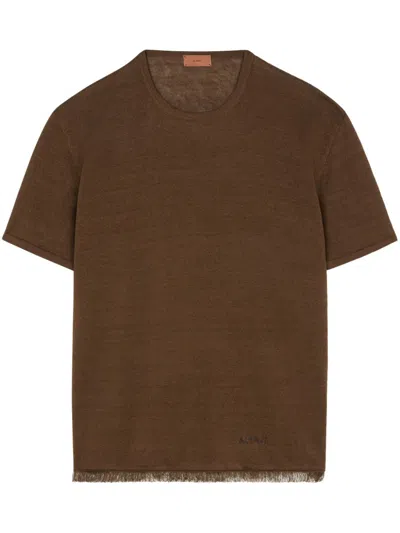 Alanui Linen Knitted T-shirt In Braun