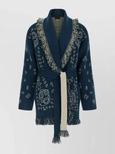 Alanui Long Cardigan With Fringe And Belt In Blue