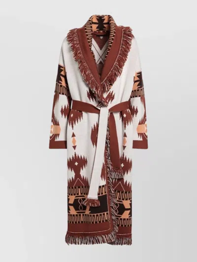 ALANUI LONG JACQUARD BELTED FRINGE GEOMETRIC CARDIGAN