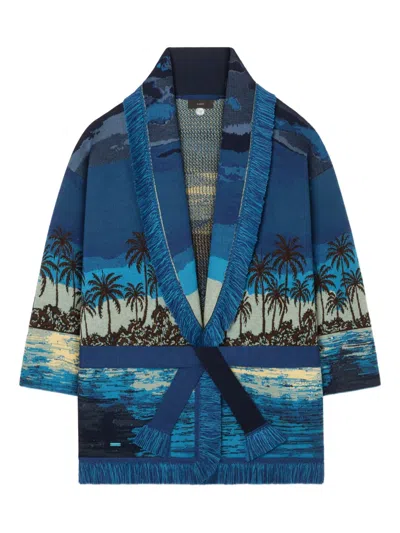 Alanui Tropical Belted Knit Cardigan Long Fringe In Blue