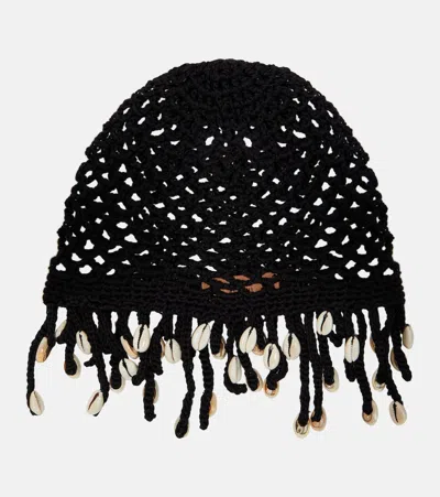 Alanui Mother Nature Cowry Shell-embellished Knitted Hat In Black