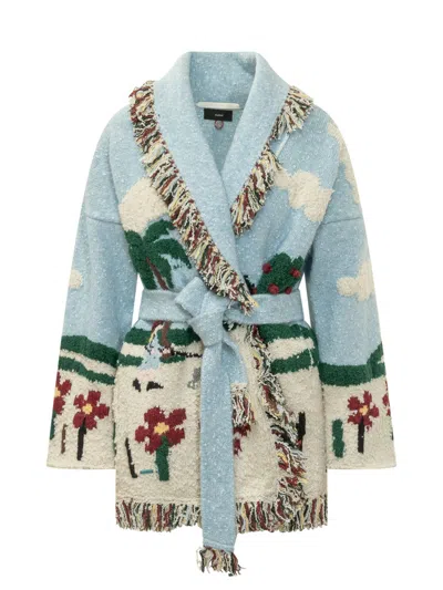 Alanui Multicolor Jacquard Shawl Neck Cardigan In Animal Print