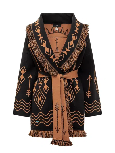 Alanui 'mystic Gate' Orange And Black Cardigan With Belt In Wool Woman In Multicolor