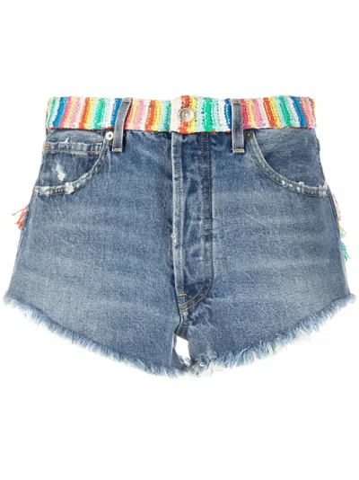 Alanui Crochet Applique Denim Honolulu Wash Blue Shorts