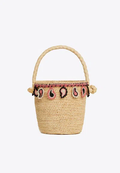 ALANUI PAISLEY APPLIQUÉ RAFFIA BUCKET BAG