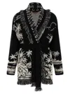 Alanui Black Cardigan With Tropical Pattern And Fringes In Black