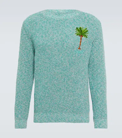 Alanui Palm Tree Cotton Knit Crewneck Sweater In Blu