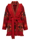 Alanui Bandana Jacquard Fringed Belted Cardigan In Red