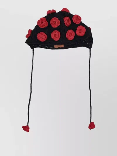 Alanui Roses Bonnet Hat Crochet Ear Flaps Ties In Black