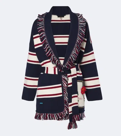 Alanui Rugby Club Fringed Virgin Wool Wrap Cardigan In Blue