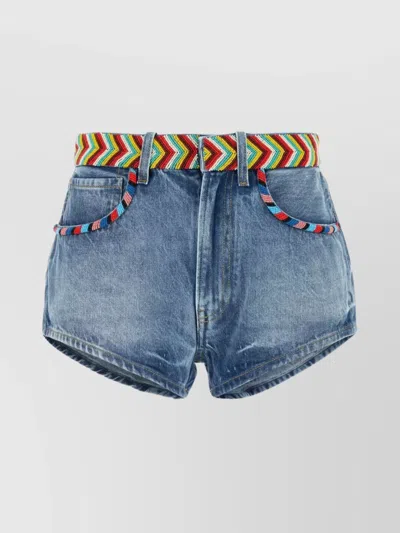Alanui Savannah Denim Shorts Colorful Waistband In Blue