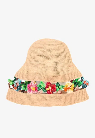 Alanui Sea Nomad Floral Appliqué Raffia Hat In Sand