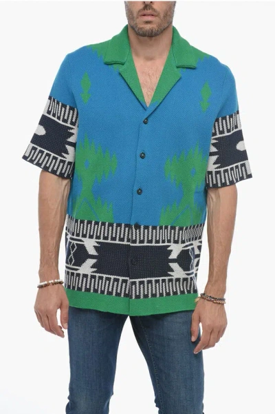 Alanui Jacquard Cotton Short Sleeve Icon Shirt In Blue