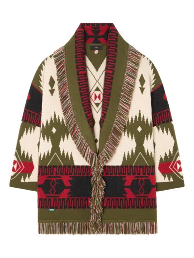 Alanui Icon Jacquard Fringe Cardigan In Green