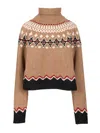 Alanui Patterned Camel Turtleneck Sweater With Geometric And Floral Motifs In Multi