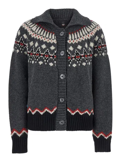 ALANUI SWEET WINTER MULTICOLOR CARDIGAN WITH SPREAD COLLAR AND GEOMETRIC MOTIF IN WOOL WOMAN