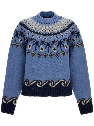 Alanui Sweet Winter Palm Tree Scenic Knit Sweater In Blue