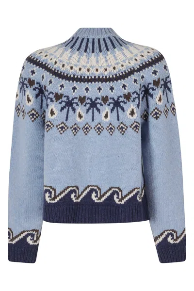 Alanui Sweet Winter Tropical Jacquard Virgin Wool Sweater In Blue