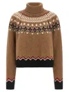 Alanui Patterned Camel Turtleneck Sweater With Geometric And Floral Motifs In Brown