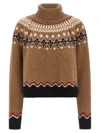 Alanui Patterned Camel Turtleneck Sweater With Geometric And Floral Motifs In Brown