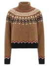 Alanui Patterned Camel Turtleneck Sweater With Geometric And Floral Motifs In Brown