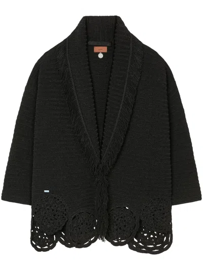 Alanui Textured Knit Cardigan With Fringe And Crochet Detail In Black