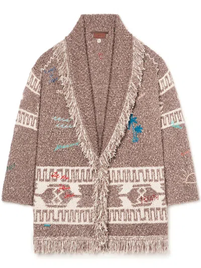 Alanui Textured Knit Cardigan With Shawl Collar And Artistic Embroidery In Brown