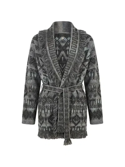 Alanui Time To Shine Jacquard Fringe-trim Cardigan In Gray